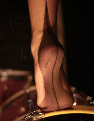 Mrs NyloNova wearing Gio point heel seamed nylon stockings, leather pencil skirt and Kazar high heels