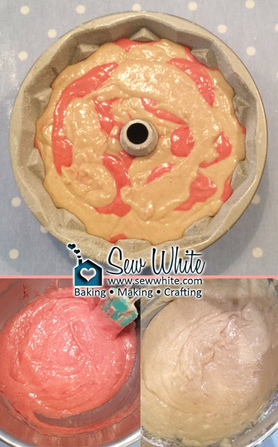 The multicoloured Strawberry and Banana Smoothie Bundt ready for the oven