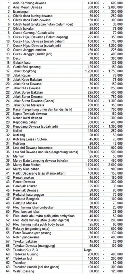 HARGA BURUNG DI KEBAYORAN LAMA (JANUARI 2013)
