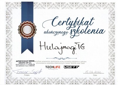 certyfikat szkolenia hulajnogiTG od Techlife i Vsett