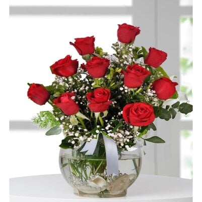 kırmızı gül cam fanus Ankara 11 gül yeşillik aranjman