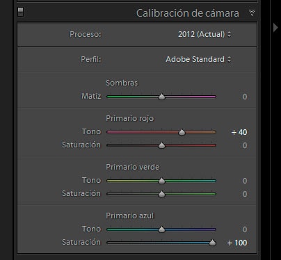 Interfaz de la pestaña calibración de cámara de Lightroom