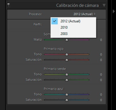 Interfaz de la pestaña calibración de cámara de Lightroom