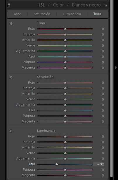 Interfaz de la pestaña calibración de cámara de Lightroom