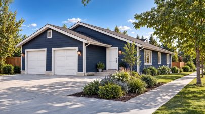 Single-story home with dark blue siding, white trim, a two-car garage, and a landscaped front yard with mature trees