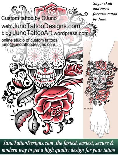 Feminine forearm tattoo with sugar skull and roses created by Juno, professional tattoo designer