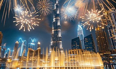 Silvester in Dubai - das große Feuerwerk am Burj Khalifa mit der Fontäne im Vordergrund