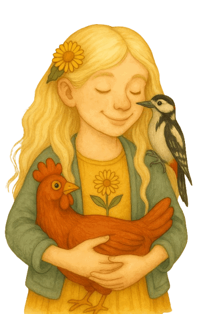 Barevná ilustrace dívky s ptáčky a květinami, ilustrativní obrázek pro ručně vyráběné korálkové šperky a dekorace, vhodná pro web Bead Culture.