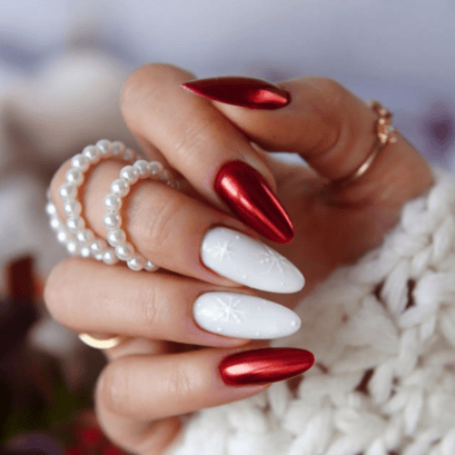red with white snowflake nail art