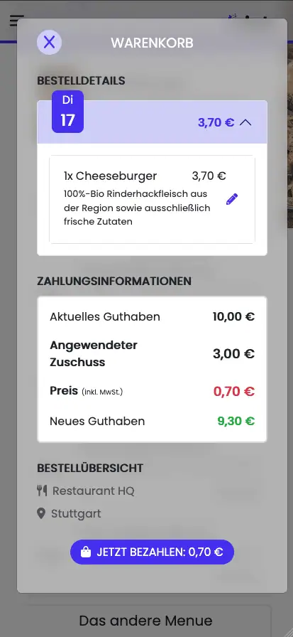 screenshot of sizzly ordering app showing shopping cart with grants