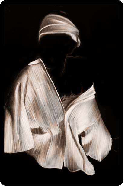 A white on black, Emotive figurative oil painting of a woman in a white robe and turban by Annem Zaidi