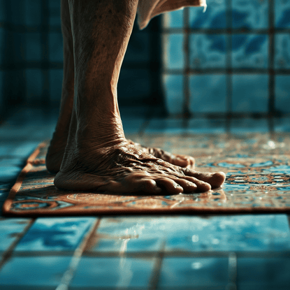 senior standing on nonslip bath mat