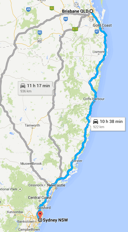 How long does it take to drive from Sydney to Brisbane? 922 KMS / 573 MILES ~ 10 HOURS
