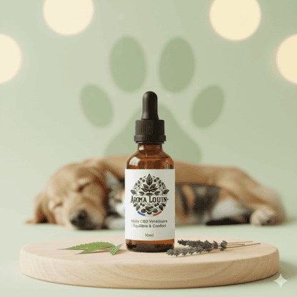 Flacon d'huile CBD Spectre Complet 100mg Arom'a Louin, base Huile de Saumon, pour l'équilibre et le confort articulaire du chien et du chat.
