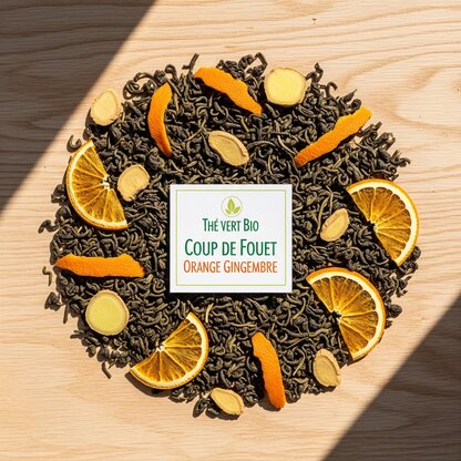 Thé Vert Bio Coup de Fouet Orange Gingembre : Thé Sencha, Gingembre Boostant & Écorces d'Orange