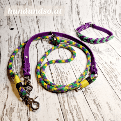 Hundeleine Halsband Set Seil Leder Donatello Violett Grün – Bild 3