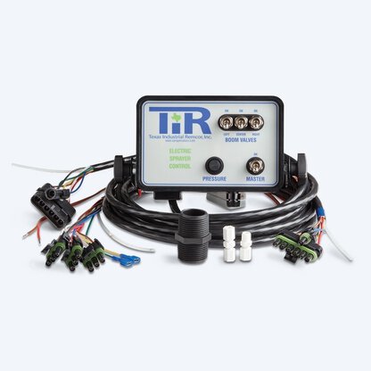 Electric sprayer control panel with solenoid valves and wiring harness.
