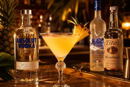 Pineapple martini recipe with vodka served in a luxury tropical cocktail glass
