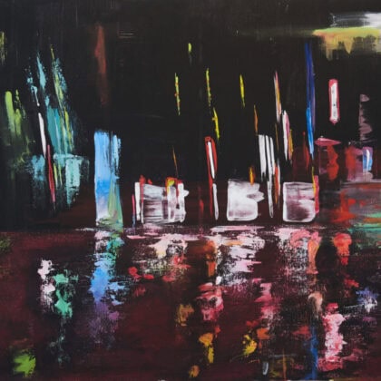 Stadtlichter 100x70cm 2015 Acryl Leinwand Spiegelung Black Light abstrakt Hamburg Autos Original Art Sonja Wythe