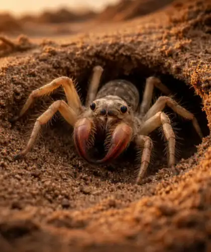 Araignée chameau sortant de son terrier creusé dans le sable du désert au lever du jour.