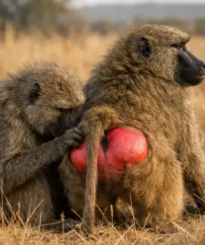 Deux babouins pratiquant le toilettage mutuel révélant leurs liens sociaux et leur anatomie caractéristique.