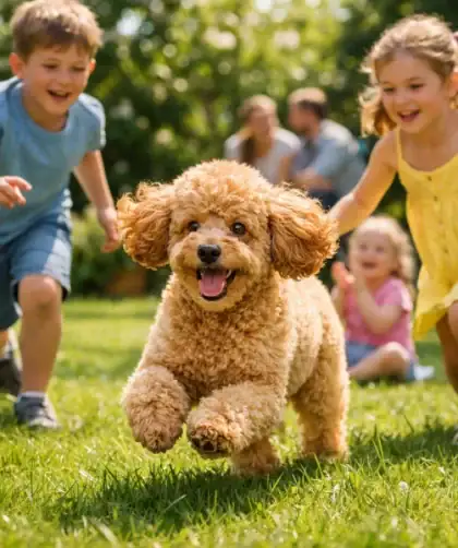 Caniche nain abricot adulte jouant joyeusement avec des enfants dans un jardin ensoleillé.