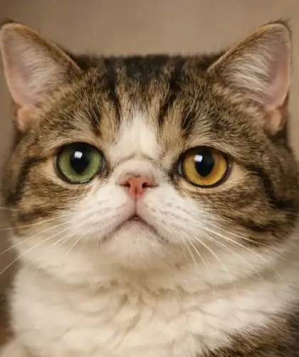 Chat domestique présentant des yeux écartés et un museau aplati, signe d'anomalie génétique féline.