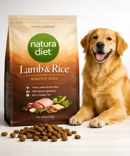 Croquettes hypoallergéniques Natura Diet à l'agneau et riz pour chiens sensibles dans leur emballage avec chien heureux.