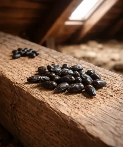 Déjections de loir gris dans un grenier avec poutres en bois, comparaison visuelle taille réelle.