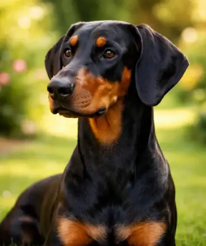 Doberman noir et feu au regard expressif avec ses oreilles naturelles tombantes le long du crâne dans un jardin lumineux.