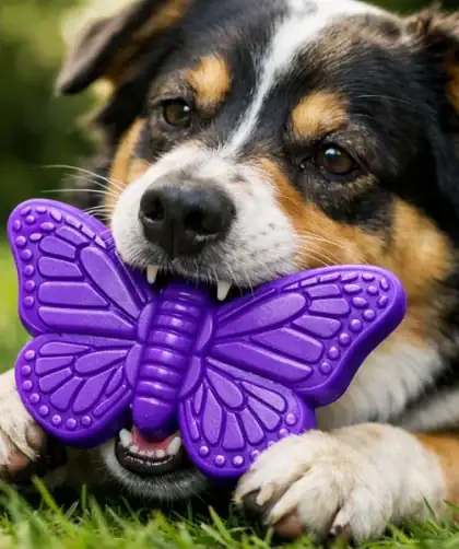 Jouet papillon Sodapup violet en nylon avec chien qui le mâche activement.
