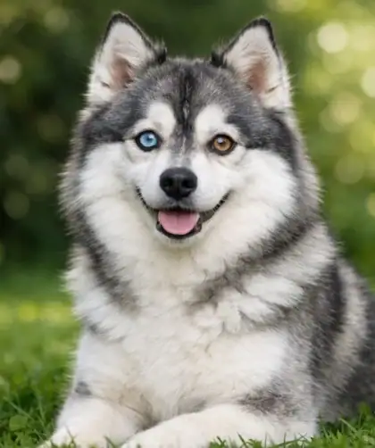 Pomsky adulte aux yeux bleus vairons assis dans un jardin verdoyant.