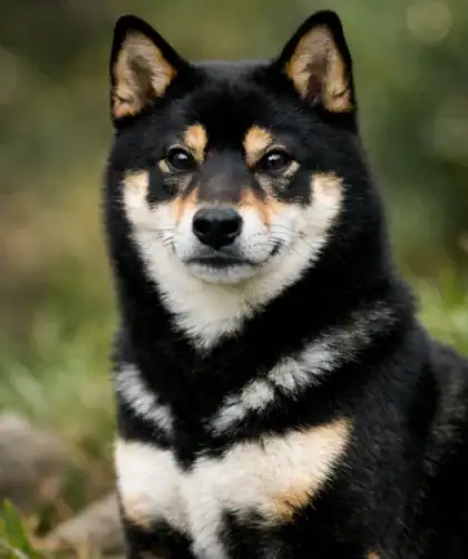 Chien japonais noir et feu avec marques caractéristiques sur fond naturel.
