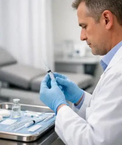 Vue latérale d'un professionnel de santé préparant une seringue pour infiltration dans un cabinet médical.