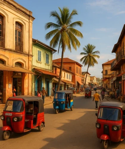 Centre-ville de Diego Suarez avec architecture coloniale, tuk-tuks colorés, commerces locaux et ambiance urbaine authentique au soleil.