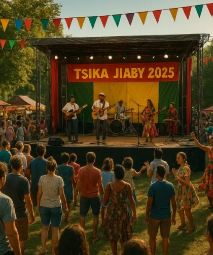 Scène du festival Tsika Jiaby 2025 avec concert malgache, danseurs traditionnels et ambiance culturelle en plein air.