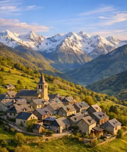 Village de Boutx niché dans les Pyrénées de Haute-Garonne avec vue sur les sommets enneigés.