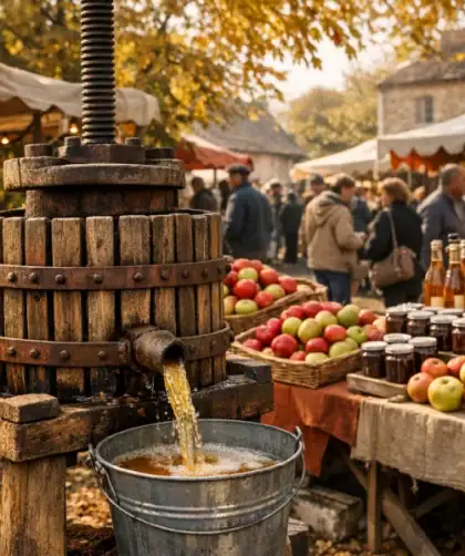 Marché automnal lors d'une fête de la pomme en France avec pressoir et produits du terroir.