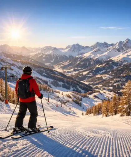 Skieur contemplant le panorama enneigé du domaine de La Forêt Blanche depuis une piste de Risoul avec vue sur les Alpes du Sud.