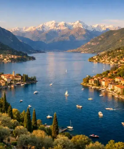 Vue panoramique sur les lacs du nord de l'Italie avec villages et montagnes alpines en arrière-plan.