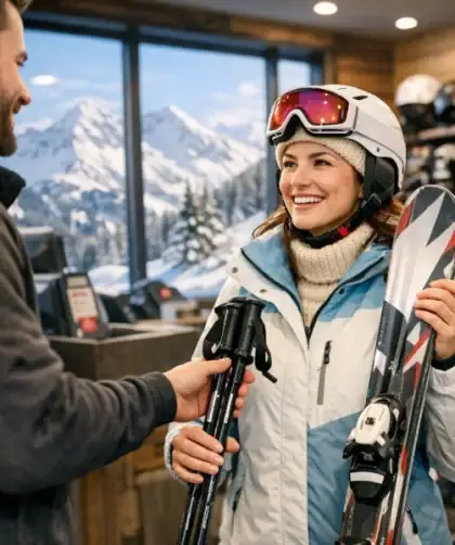 Skieuse souriante récupérant son matériel de ski dans un magasin partenaire en station de montagne enneigée.