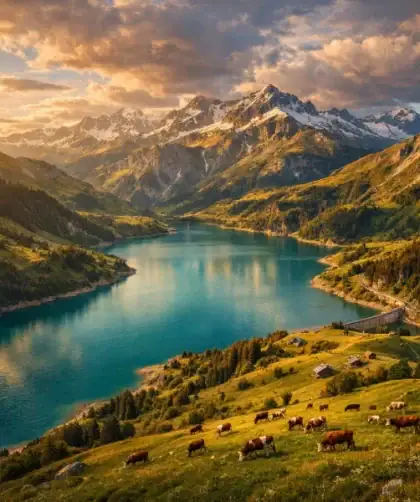Panorama du massif du Beaufortain avec le lac de Roselend et les alpages en été.