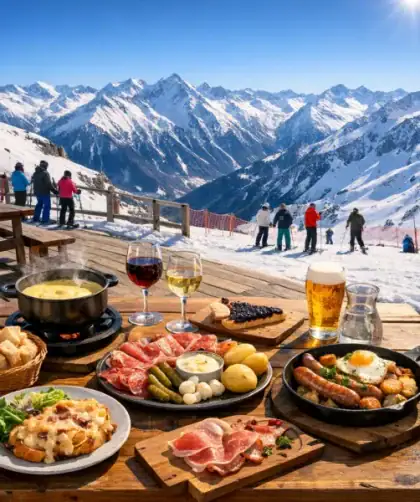 Table d'altitude avec vue panoramique sur sommets enneigés des Pyrénées depuis terrasse ensoleillée de Superbagnères.