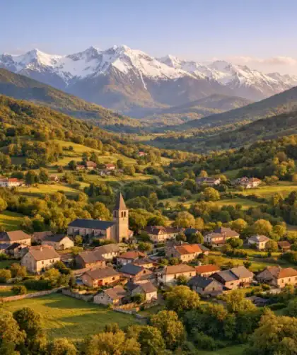 Vue panoramique du village de Sauveterre-de-Comminges et ses hameaux au pied des Pyrénées en Haute-Garonne.