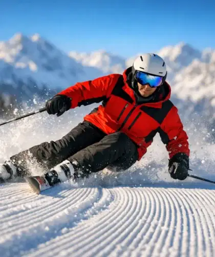 Skieur en plein virage carving sur piste damée avec traces nettes dans la neige.