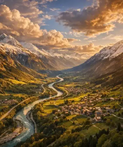 Panorama sur la vallée de la Maurienne en Savoie avec les sommets enneigés et la rivière Arc.