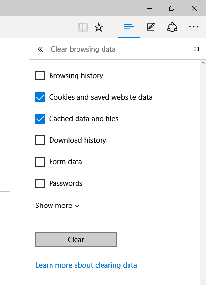 Clear Cache and Cookies in Microsoft Edge