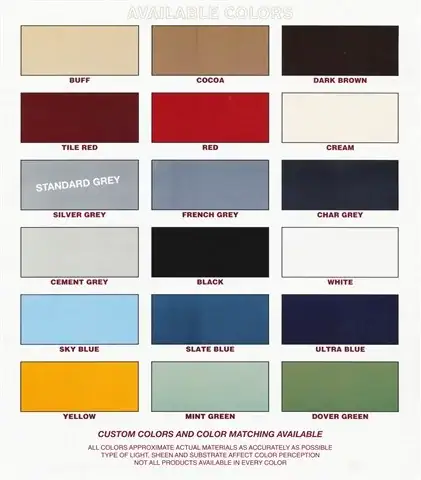 Decorative concrete color chart showing available stain and coating colors