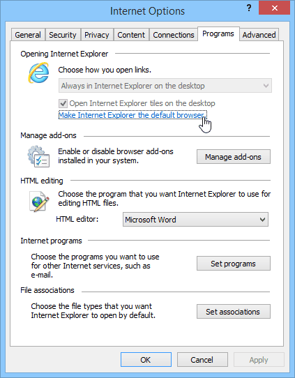 Internet Explorer Set to Default