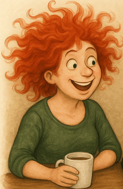 Barevná ilustrace zamilované dívky s výrazným kudrnatým červeným vlasem a šťastným úsměvem, drží šálek kávy, v pozadí jemné teplé odstíny vhodné pro web Bead Culture, zaměřený na kreativní šperky a korálky.